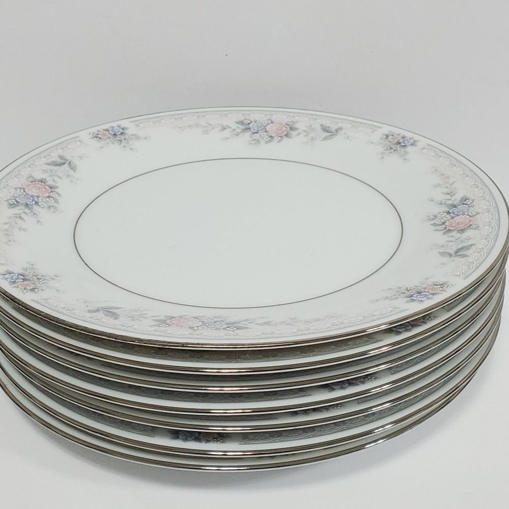 Noritake Bridal Waltz 8inch Salad Plates Set of 7 Floral Silver Trim Fine China